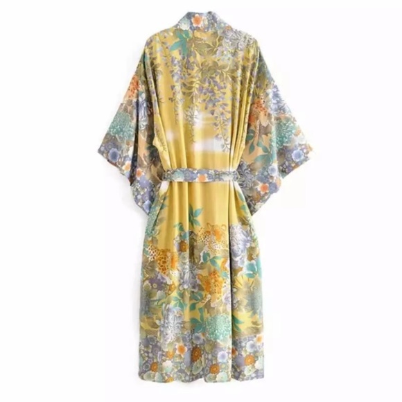 Yellow Gypsy Willow Floral Open Kimono Duster Robe - Picture 5 of 7